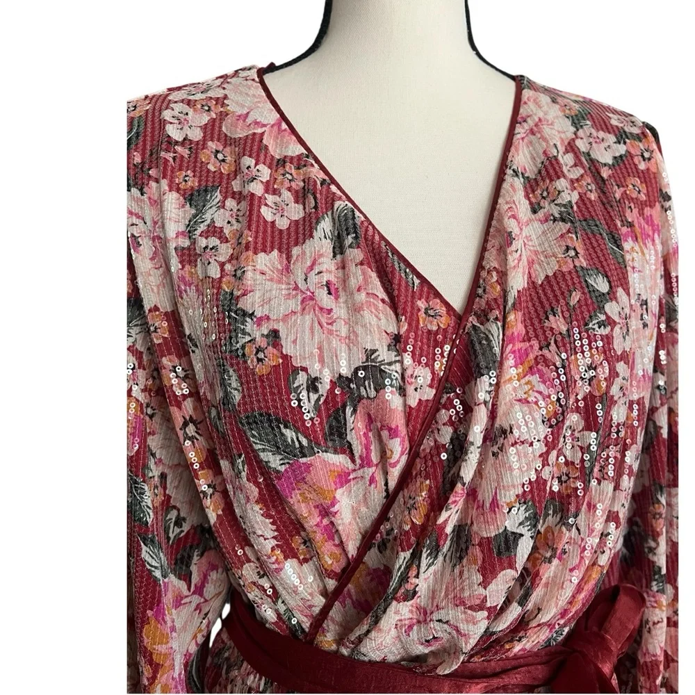 LC New Lauren Conrad Sparkly Floral Sash tie Dress. Size Large. Wrap style. - Picture 3 of 8